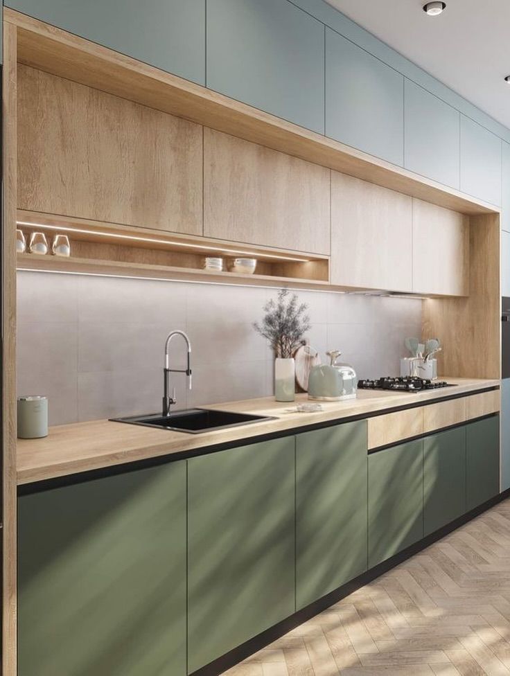 کابینت مات با ترکیب رنگ سبز و طرح چوب